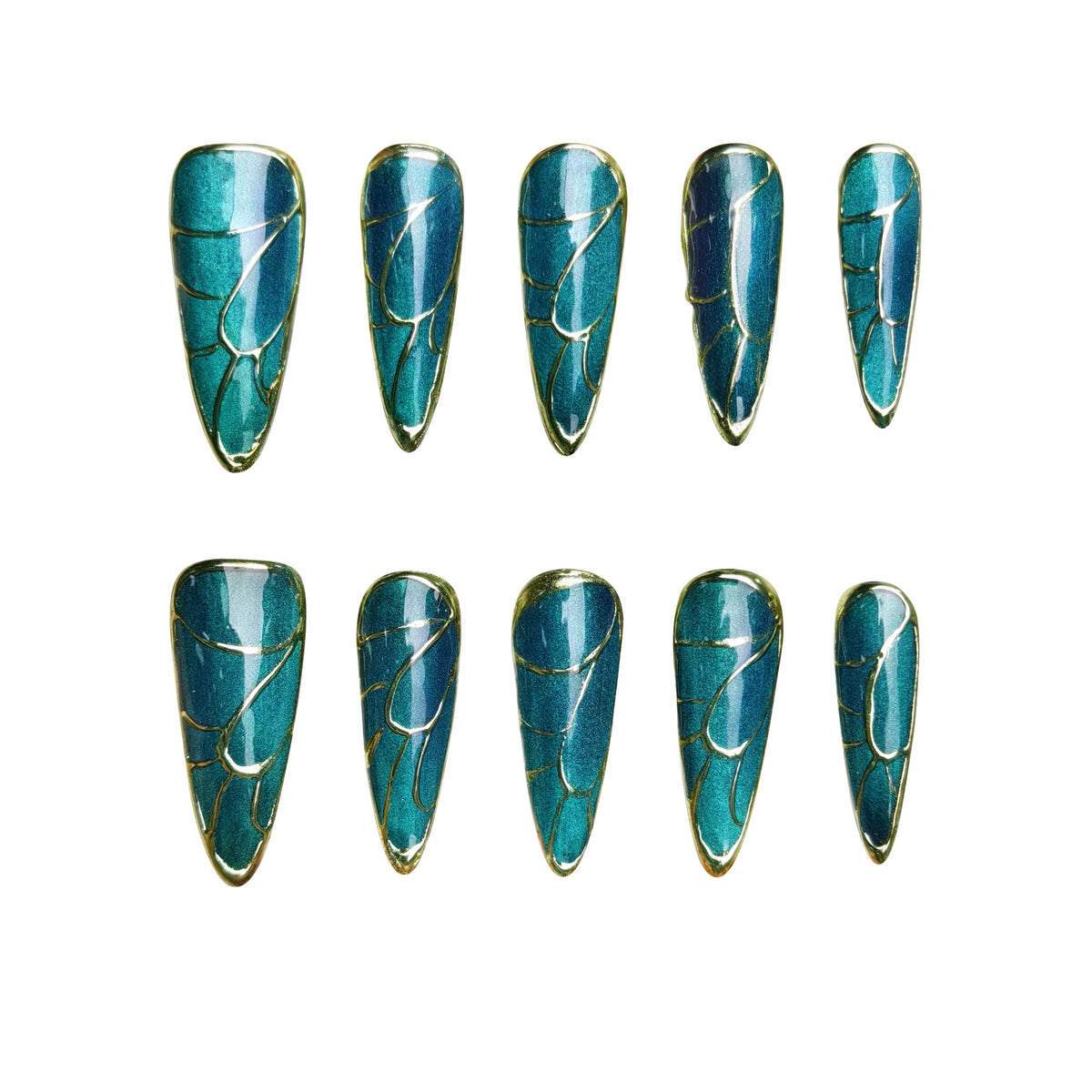 Luxurious long stiletto press-on nails in emerald green marble with gold veining, perfect for elegant fall or winter manicures.