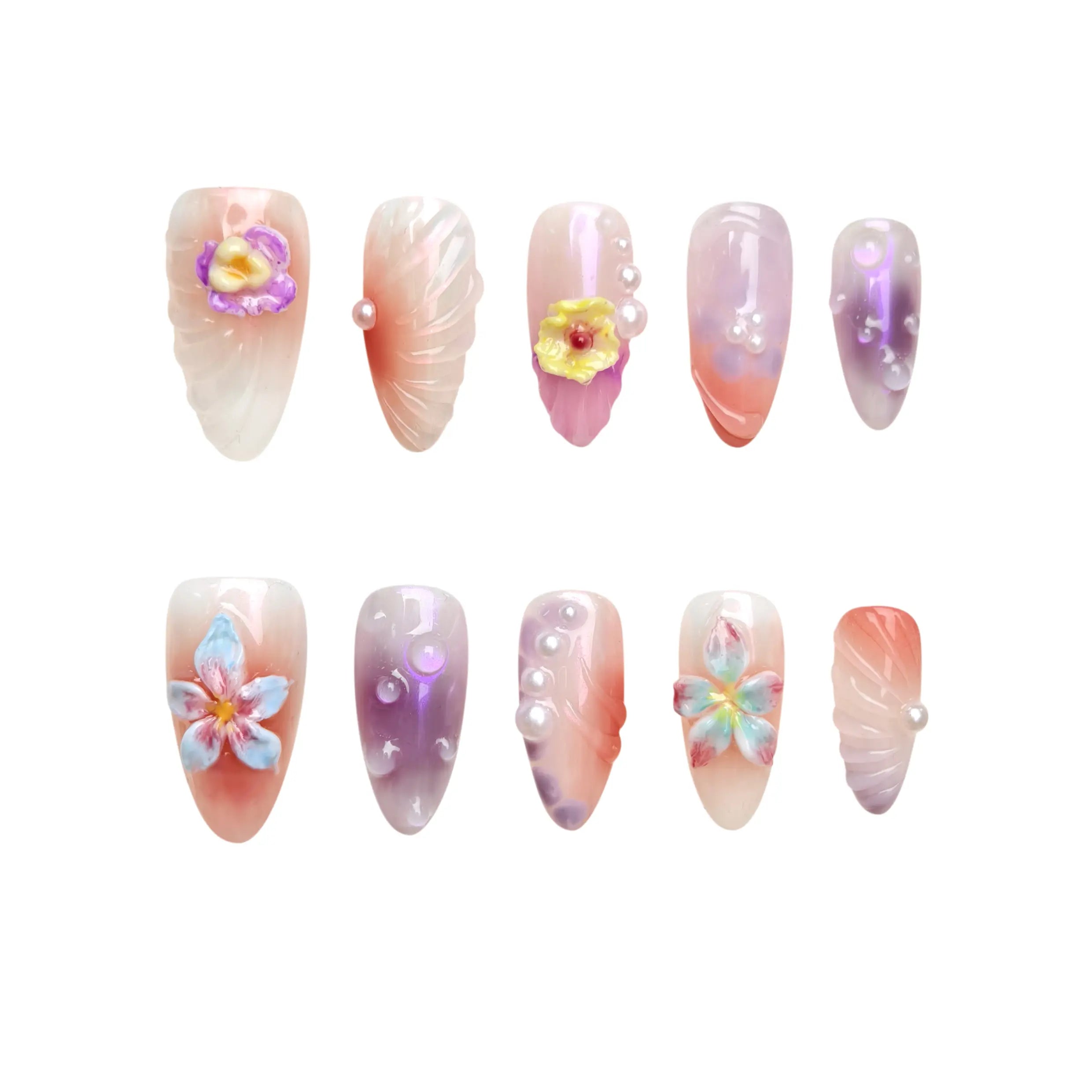 Lilac gradient almond press-on nails with 3D pink flower accents and pearls, handmade by Polippie.