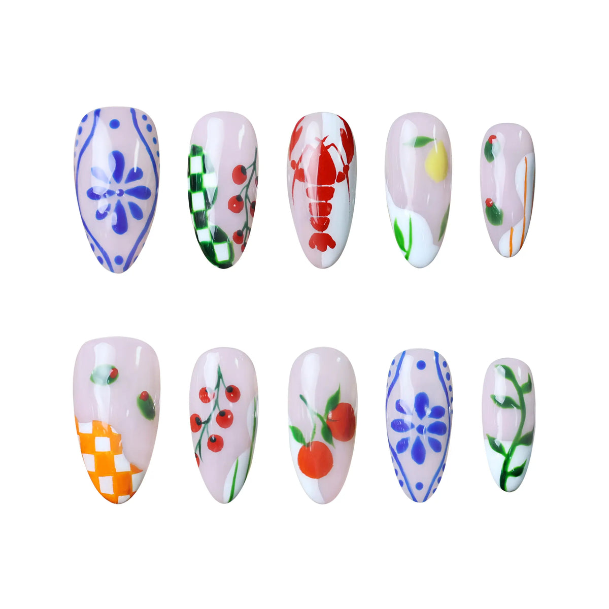 Short almond press on nails with cherry, daisy, vine, and pastel checkered patterns.