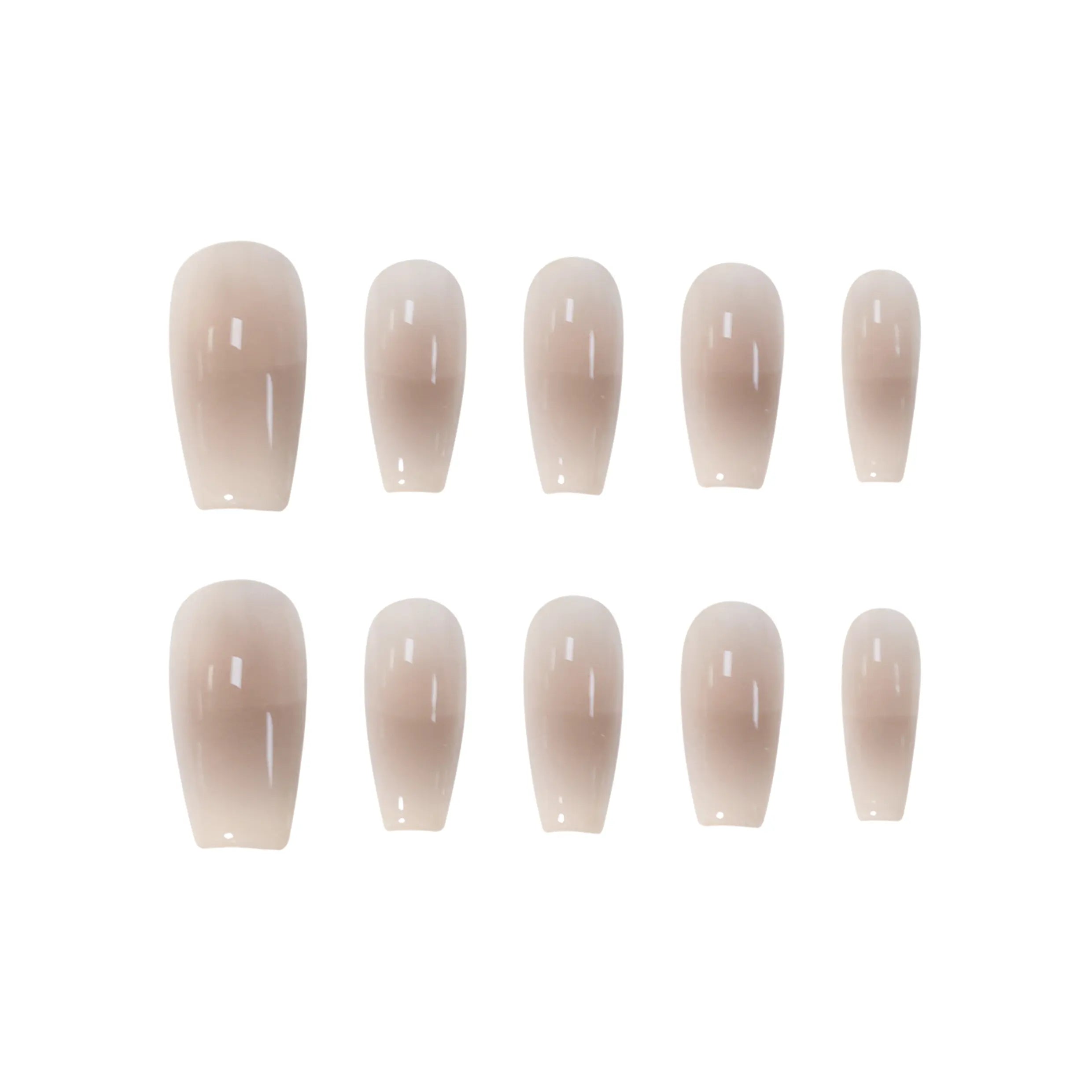 Glossy nude amber medium coffin press-on nails with gradient finish for a minimalist, elegant look.