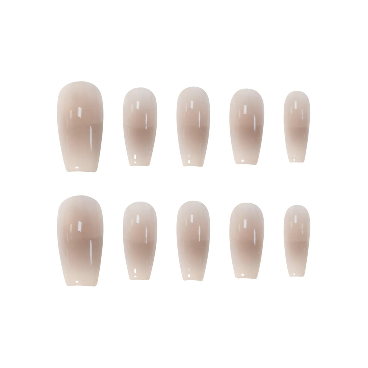 Glossy nude amber medium coffin press-on nails with gradient finish for a minimalist, elegant look.