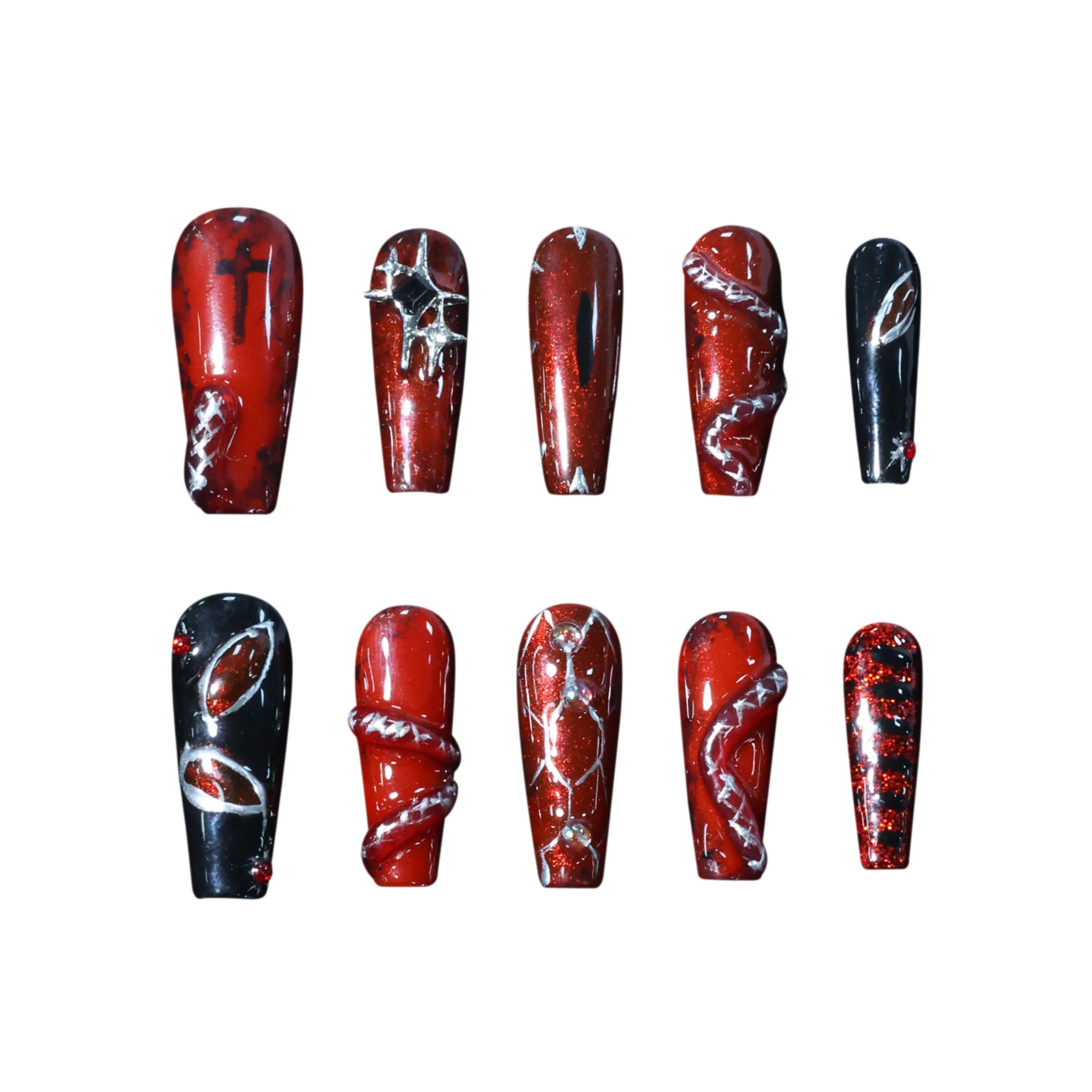 Fierce long coffin-shaped red and black press-on nails with chrome snake details and dripping blood accents, ideal for gothic and Halloween styles.