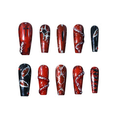 Fierce long coffin-shaped red and black press-on nails with chrome snake details and dripping blood accents, ideal for gothic and Halloween styles.
