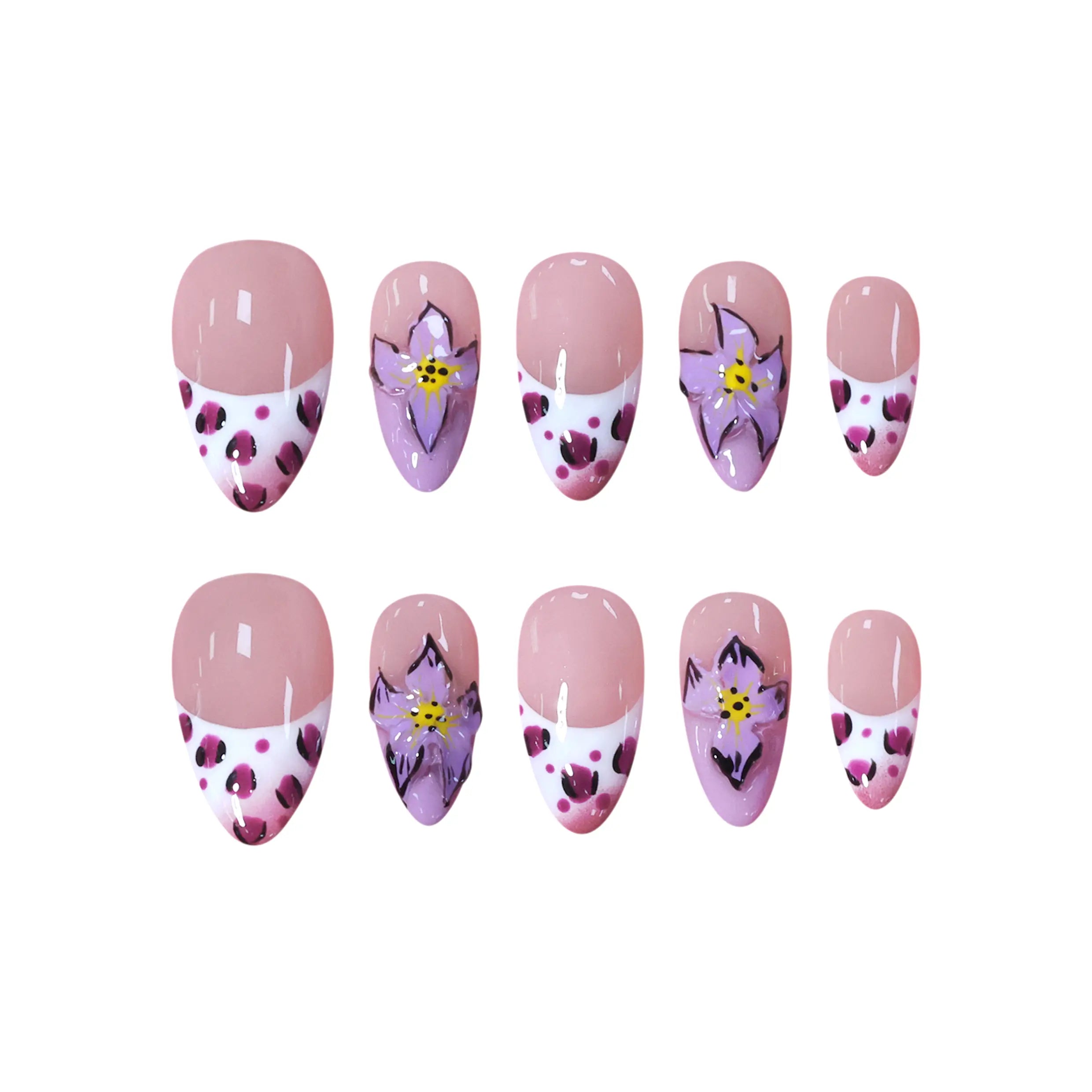 Medium almond press-on nails with pink floral designs, white French tips, and leopard print accents.