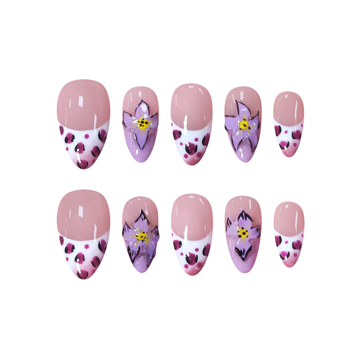 Medium almond press-on nails with pink floral designs, white French tips, and leopard print accents.