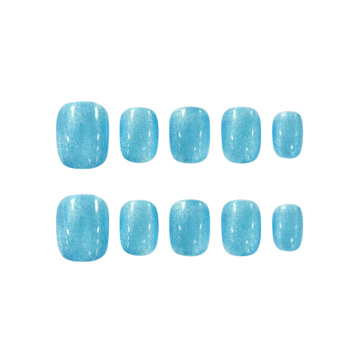 Short squoval-shaped press-on nails in shimmering glacier-blue with frosty sparkle, perfect for cool-toned, winter-inspired styles