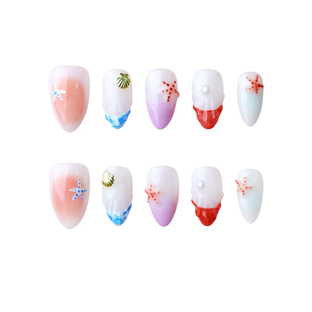 Pink almond press on nails with coral gradient and seashell accents for summer.