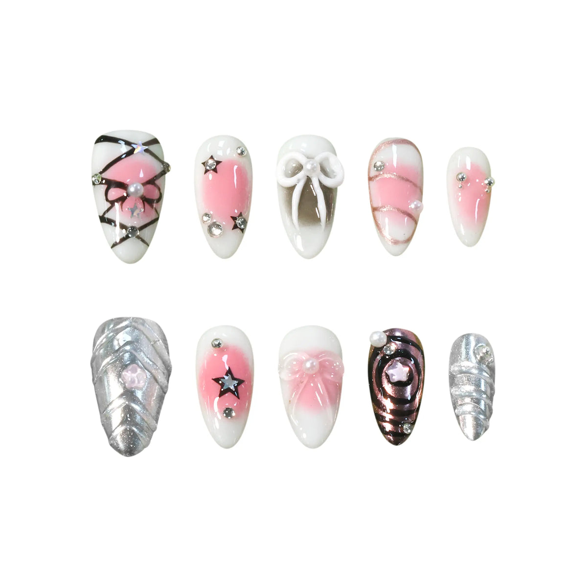 Medium pink almond press-on nails with silver chrome ombré, 3D bows, and star details for a cosmic glam look.