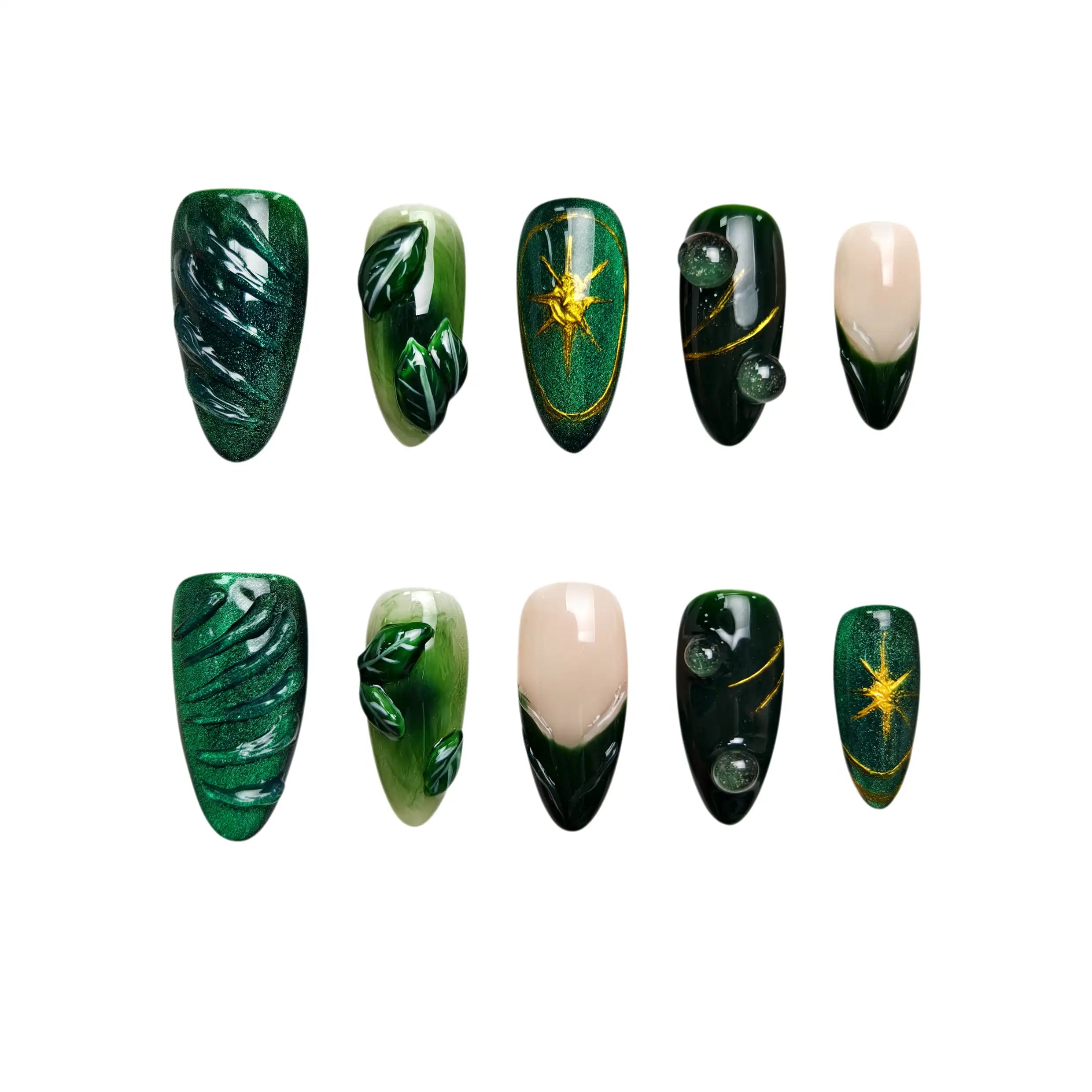 Medium Almond press on nails in forest green with gold sparkles and wave texture design.