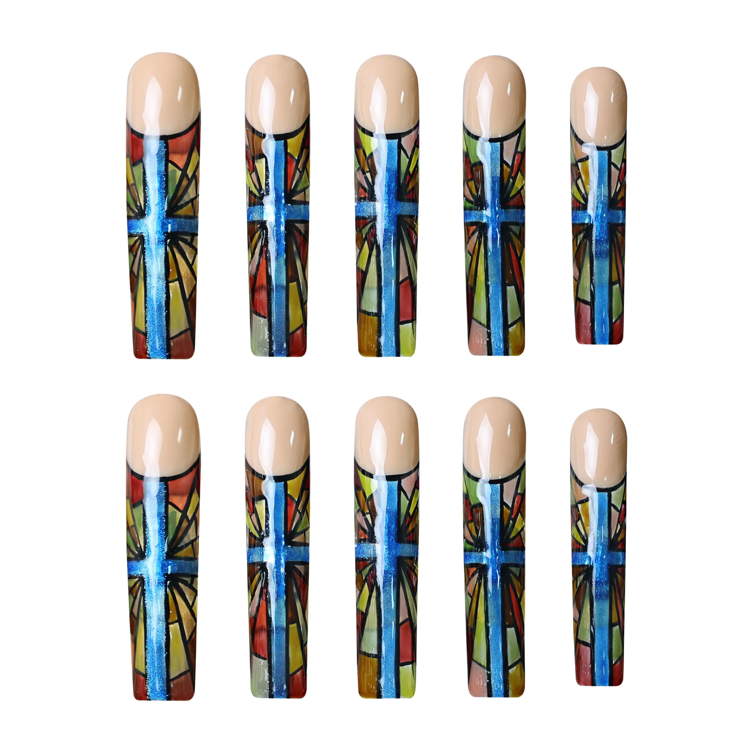 Extra Long glossy press on nails with stained glass-inspired blue and gold geometric panes.