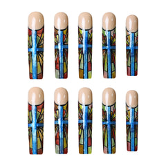 Extra Long glossy press on nails with stained glass-inspired blue and gold geometric panes.