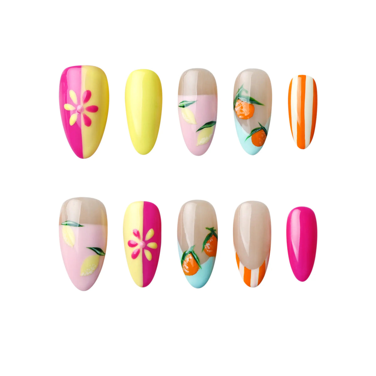 Almond-shaped summer press on nails with citrus and orange fruit illustrations.