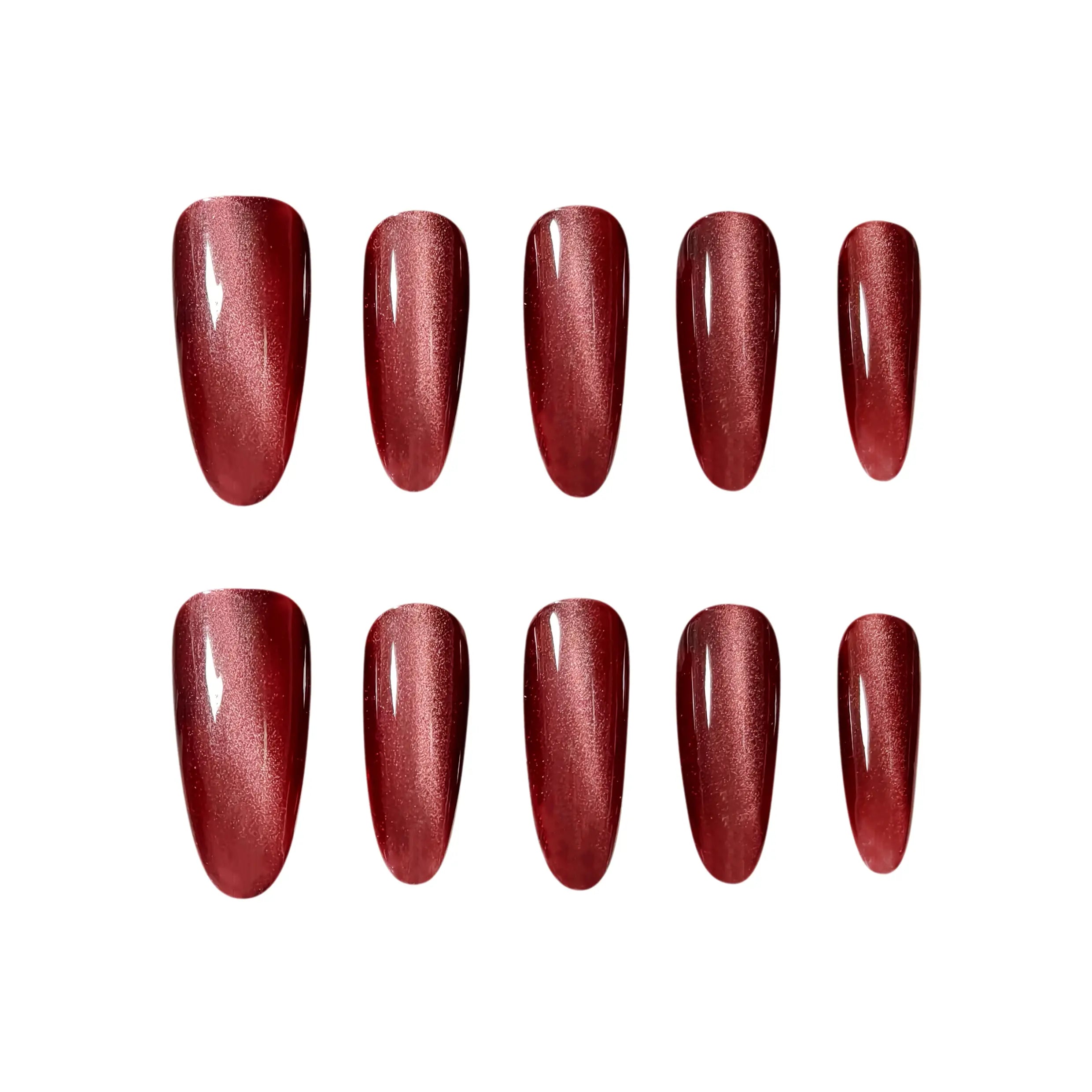 Long oval press on nails in metallic red shimmer, elegant and festive.