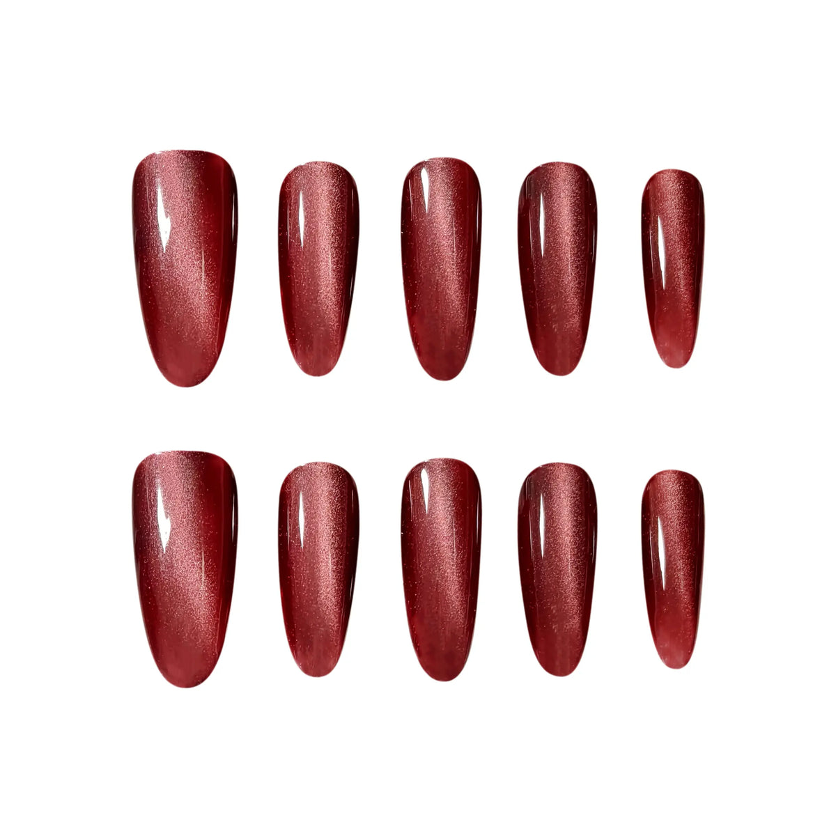 Long oval press on nails in metallic red shimmer, elegant and festive.