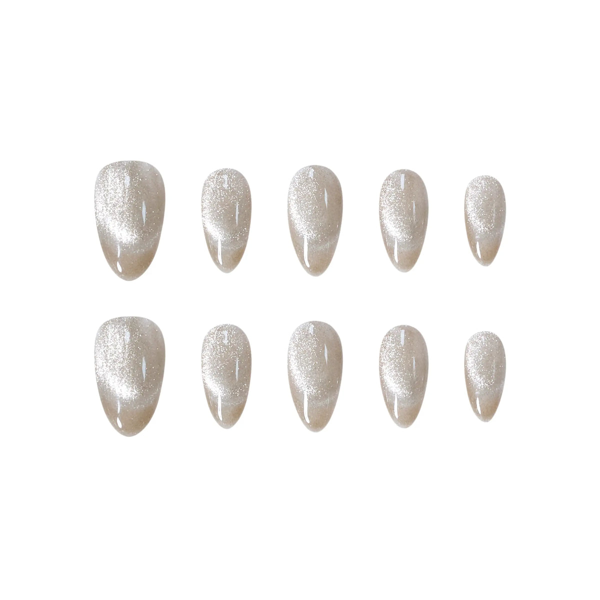 Golden champagne almond press-on nails with a soft cat-eye shimmer effect in medium length.