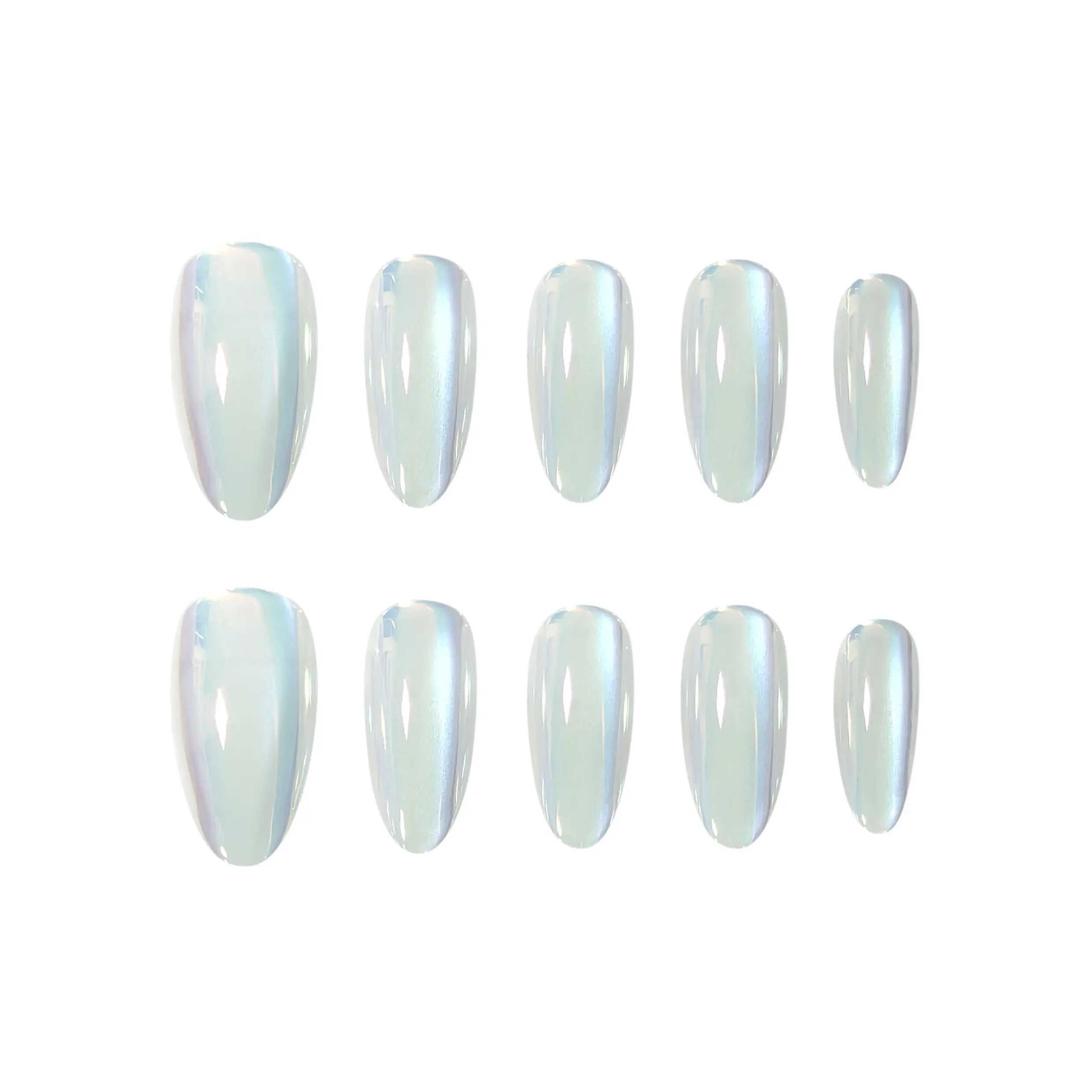 Polippie Holo Shine oval press-on nails with holographic chrome finish, shifting color in light for a futuristic and elegant look