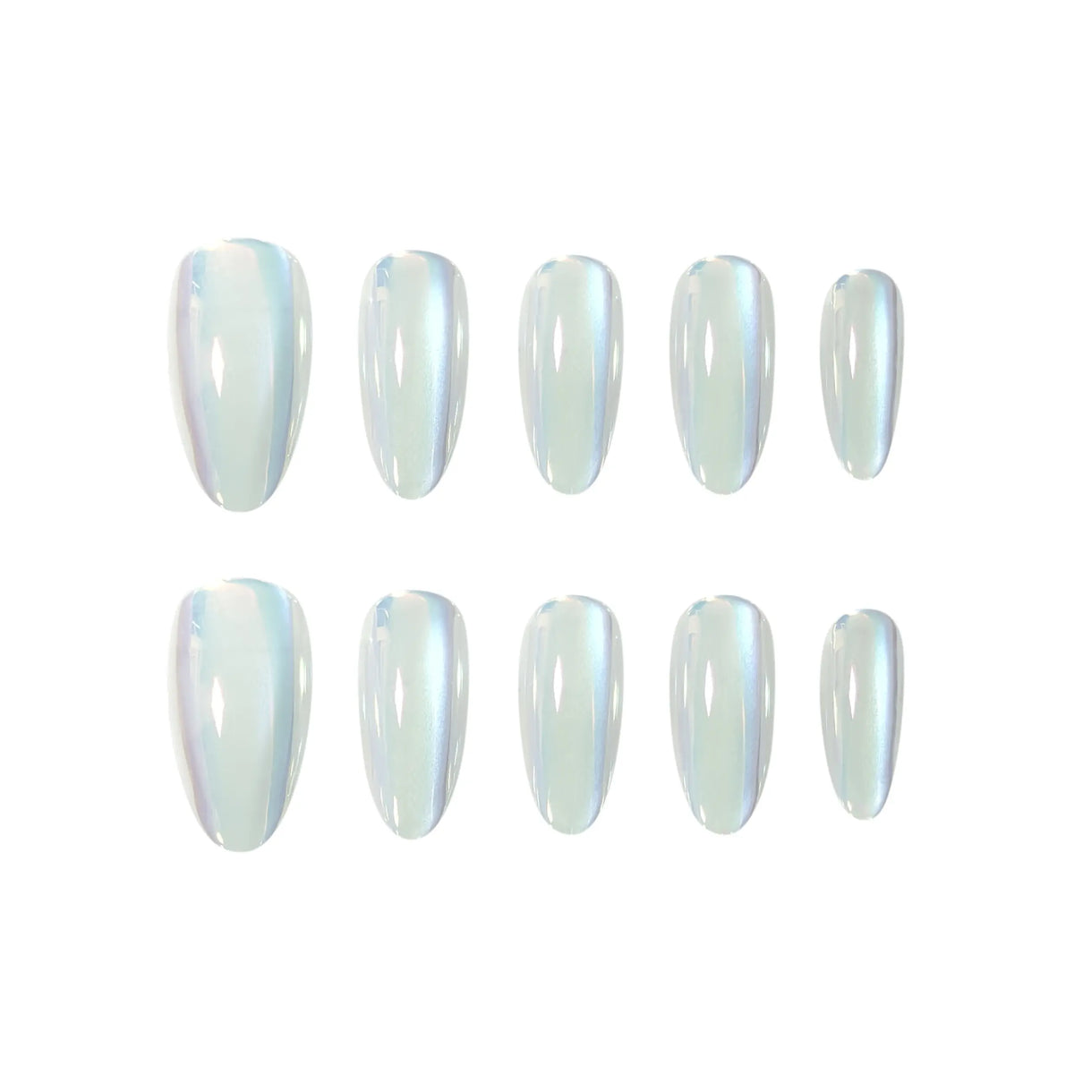 Polippie Holo Shine oval press-on nails with holographic chrome finish, shifting color in light for a futuristic and elegant look