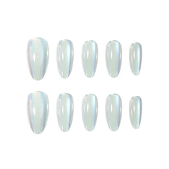 Polippie Holo Shine oval press-on nails with holographic chrome finish, shifting color in light for a futuristic and elegant look