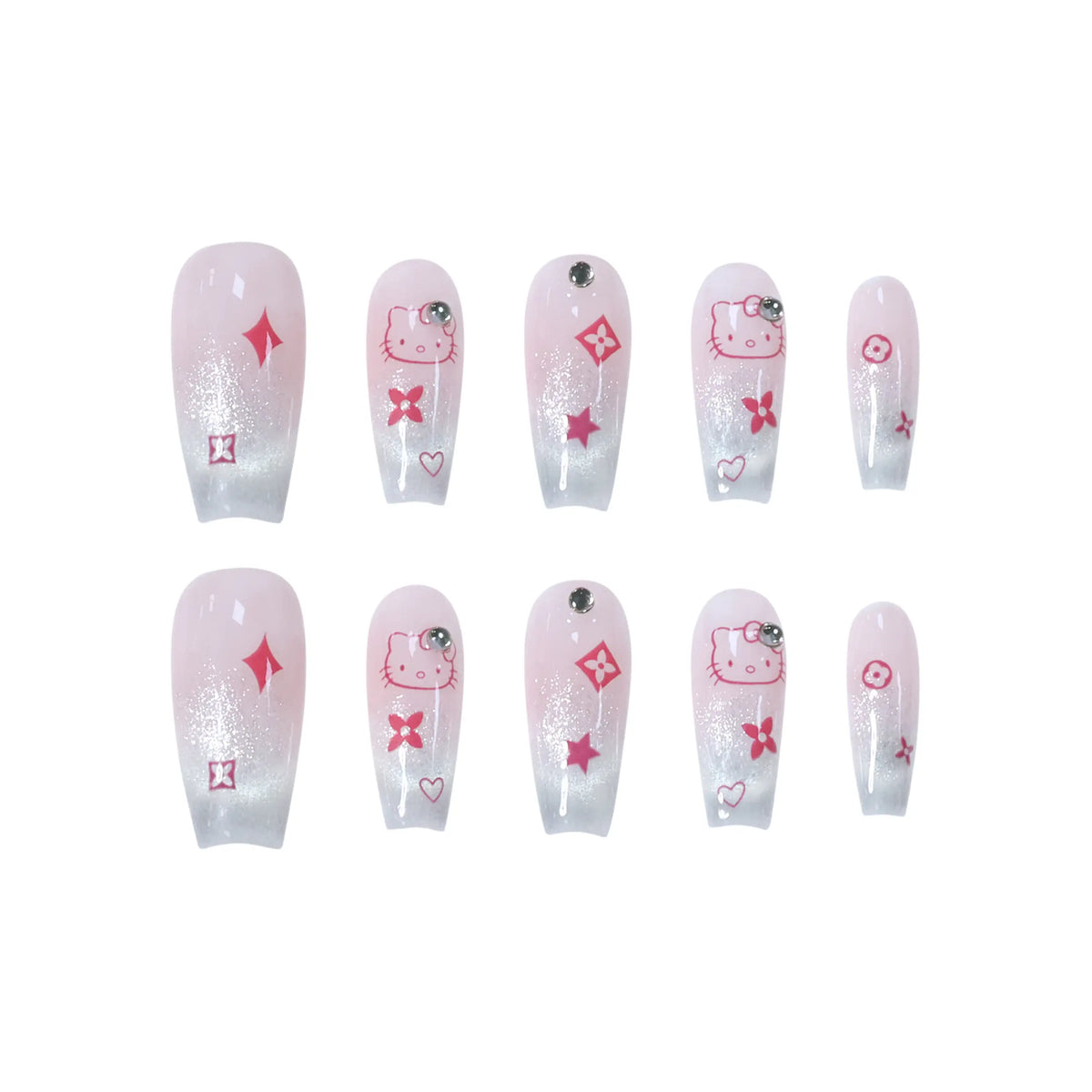 Coffin pink press-on nails with kitten designs, red bows, and silver glitter gradient. Kawaii summer nails for a fun, glamorous look