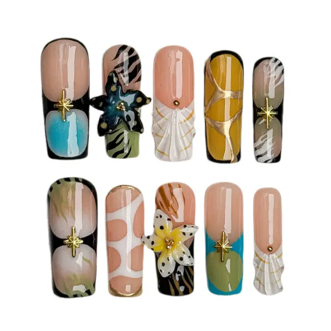 Long Coffin press on nails with marbled ocean pattern and gold accents.