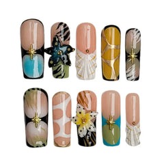 Long Coffin press on nails with marbled ocean pattern and gold accents.
