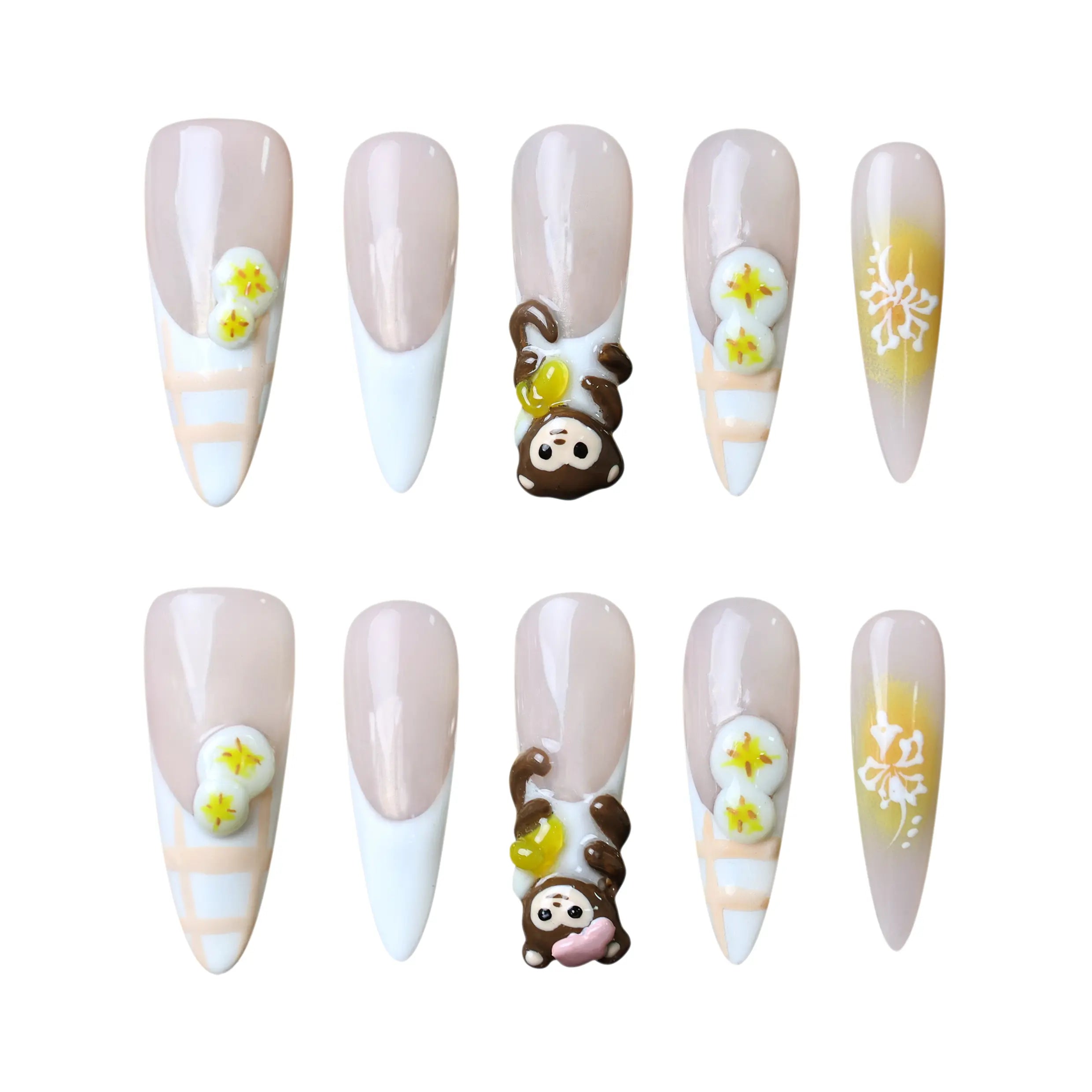 Long stiletto press on french nails with white tips, monkey artwork, and 3D banana details.