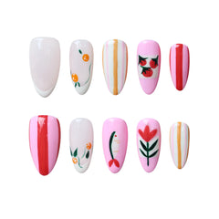 Medium almond press on nails featuring pink flowers, cherries, and minimalist patterns for a playful summer look.