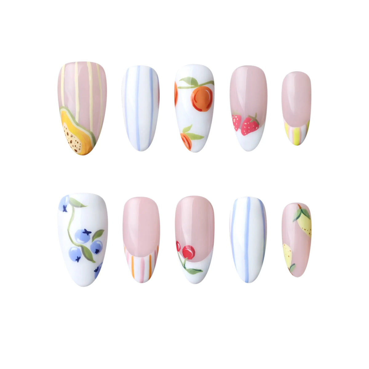 Medium almond press on nails in soft pink with floral and fruit designs.