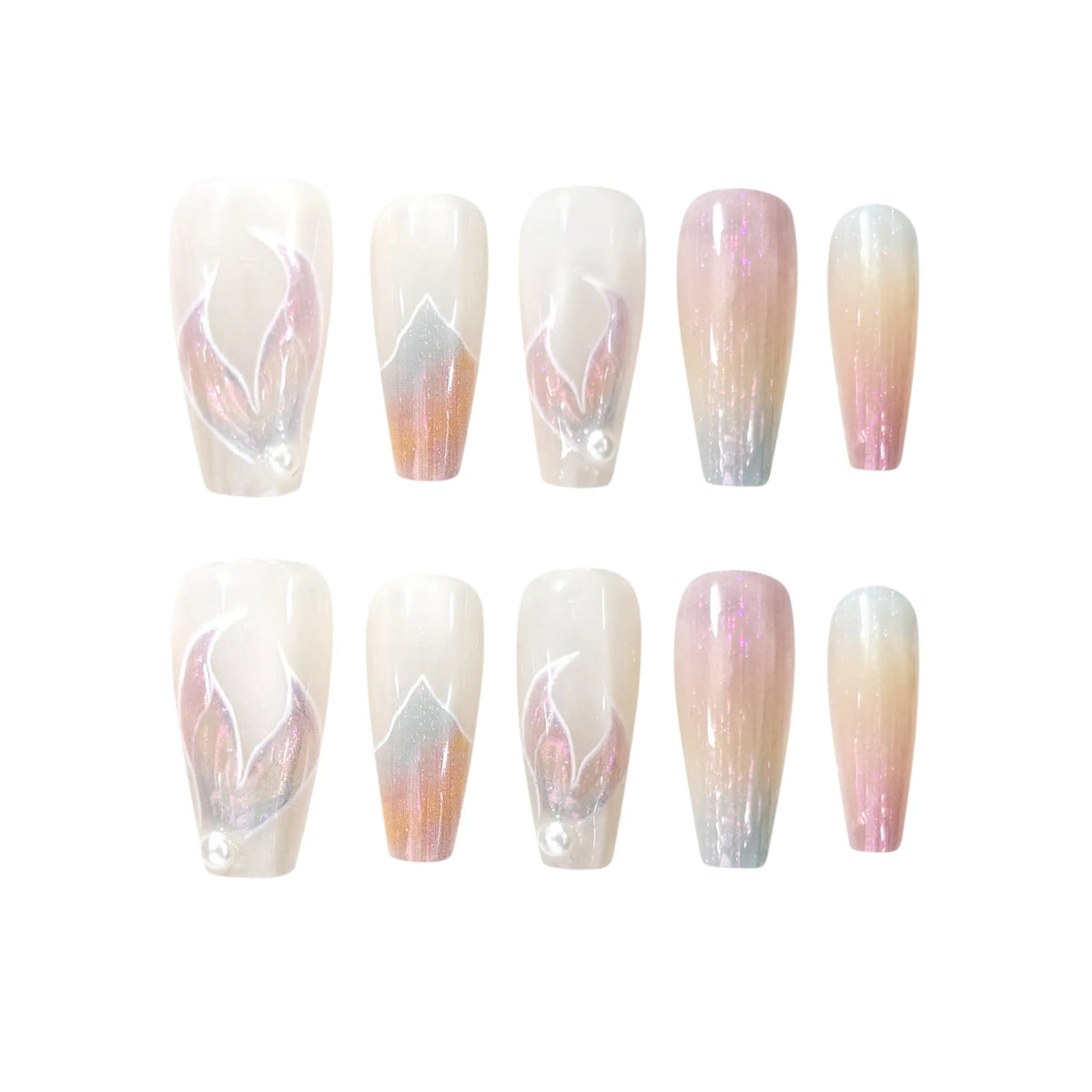 Polippie Mermaid’s Melody medium coffin press on nails with pastel gradients, pearl accents, and 3D wave details—perfect summer nails with a mermaid vibe