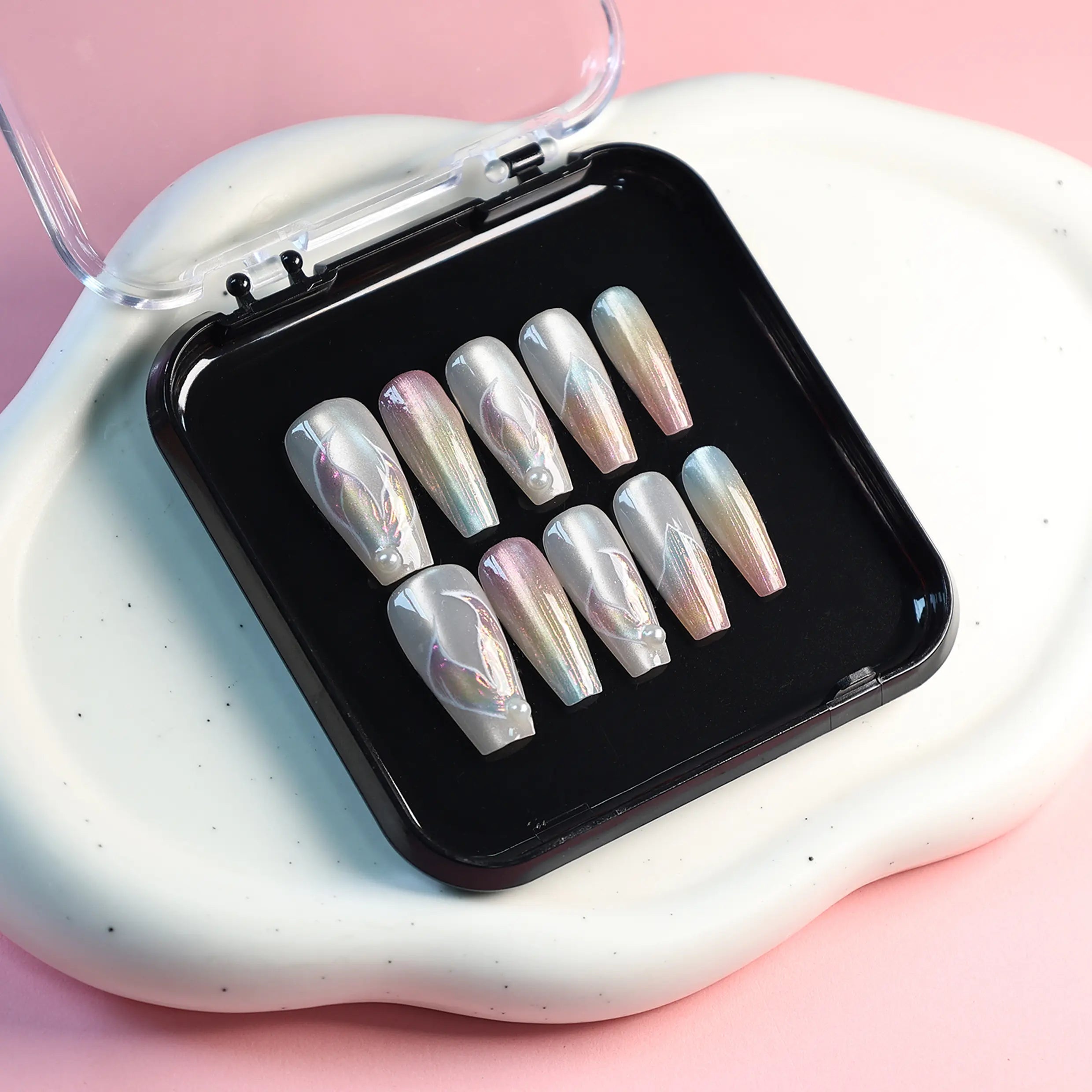 Full nail set display in clear box featuring pastel mermaid coffin nails with 3D wave details and pearls