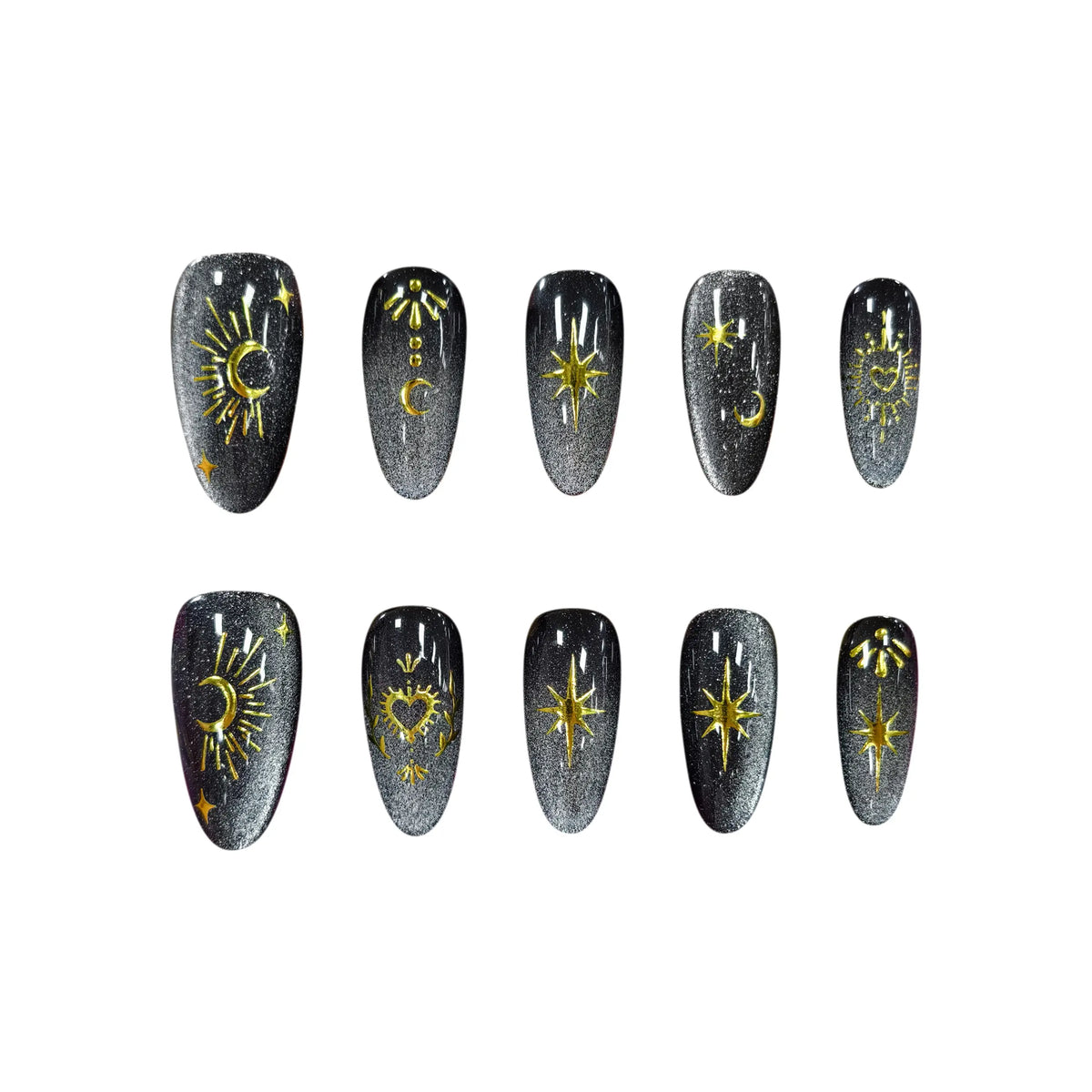 Medium almond black press-on nails with silver gradient, gold moon and star accents, and a shimmering cosmic design.