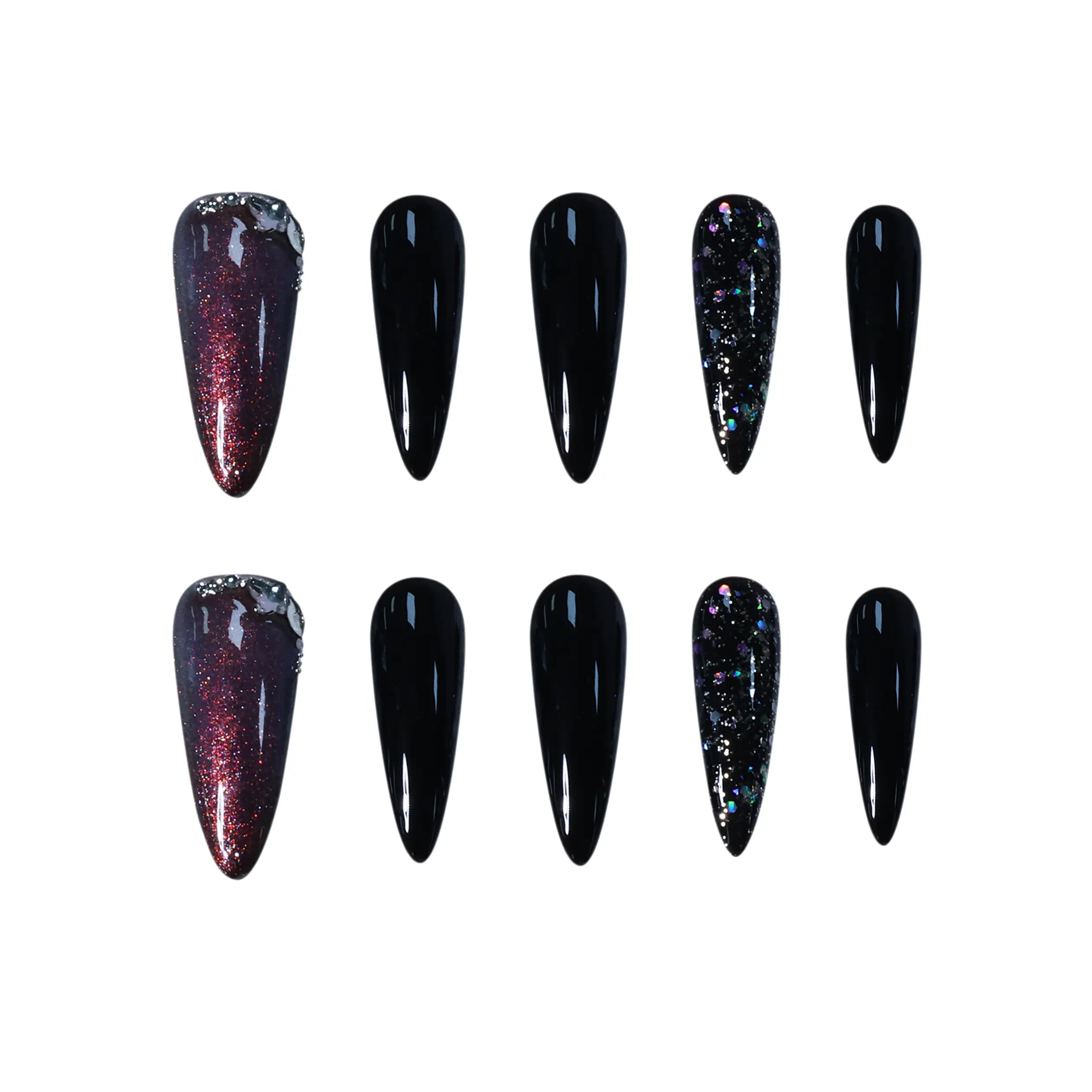 Long black stiletto press-on nails with red glitter and galaxy sparkle accents, inspired by the night sky.