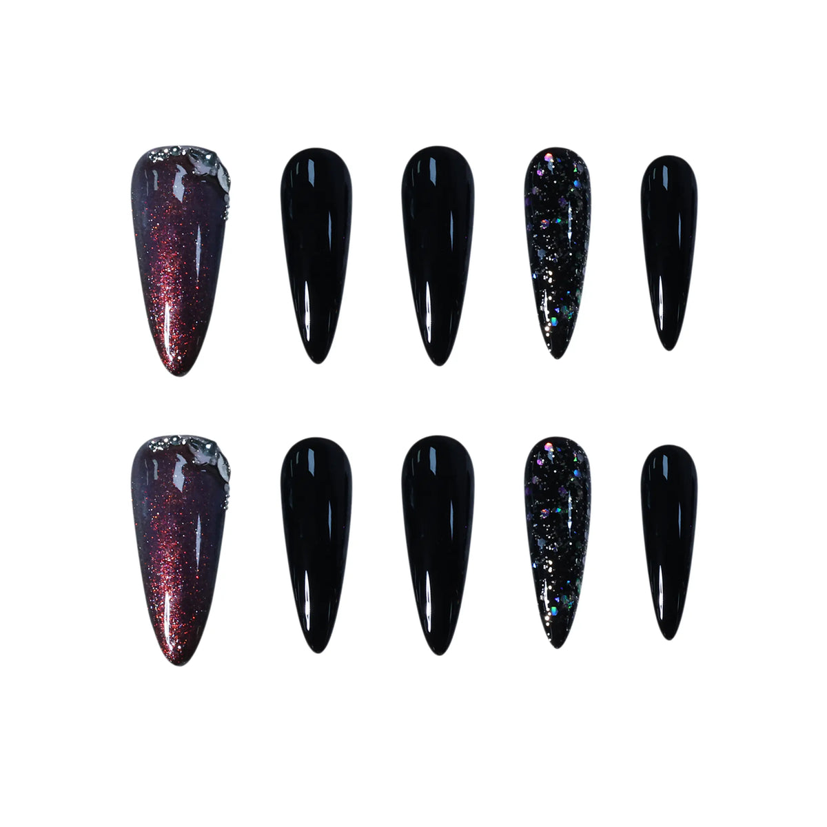 Long black stiletto press-on nails with red glitter and galaxy sparkle accents, inspired by the night sky.