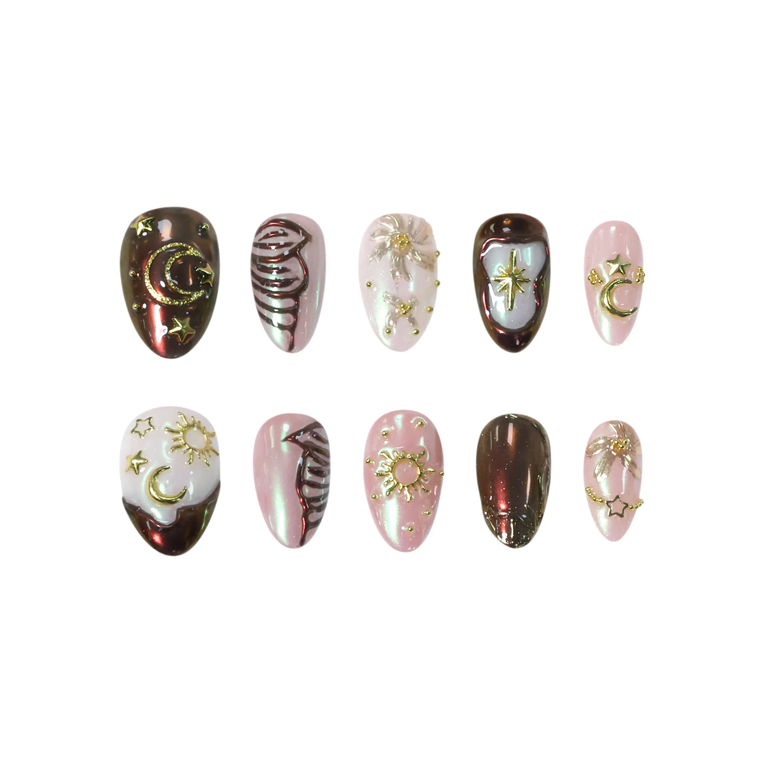 Handmade almond press-on nails in iridescent pink, brown, and white with gold moon, sun, and star charms for a cosmic-inspired design.