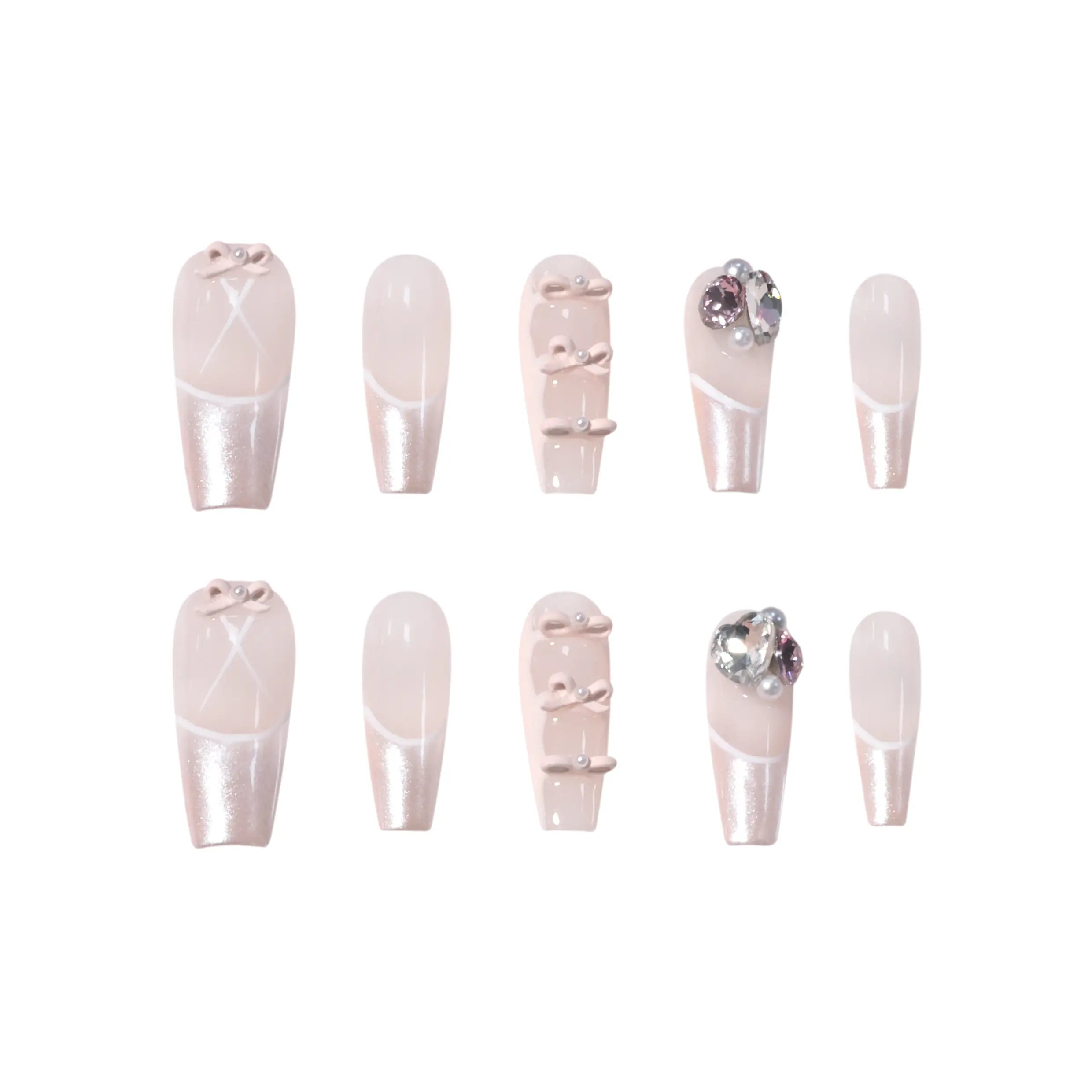 Square pink press-on nails with pearlescent French tips, 3D bows, rhinestones, and soft glam details. Perfect for weddings or elegant daily wear.