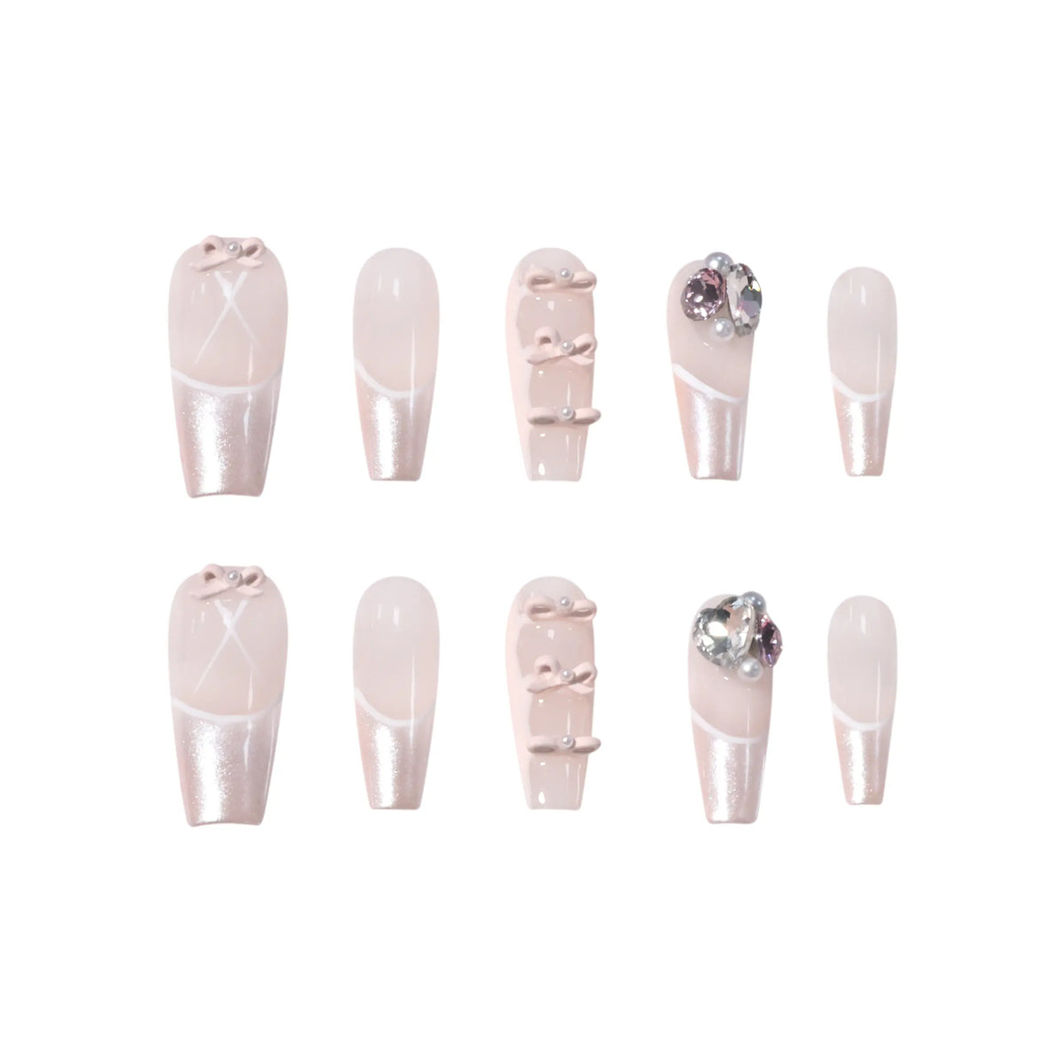 Square pink press-on nails with pearlescent French tips, 3D bows, rhinestones, and soft glam details. Perfect for weddings or elegant daily wear.