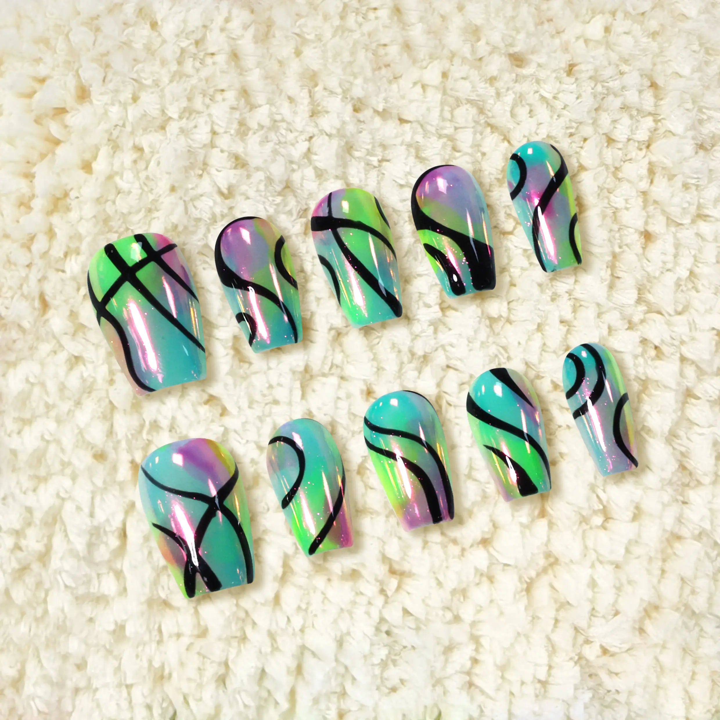 Color-shifting neon press-on nails with holographic glaze