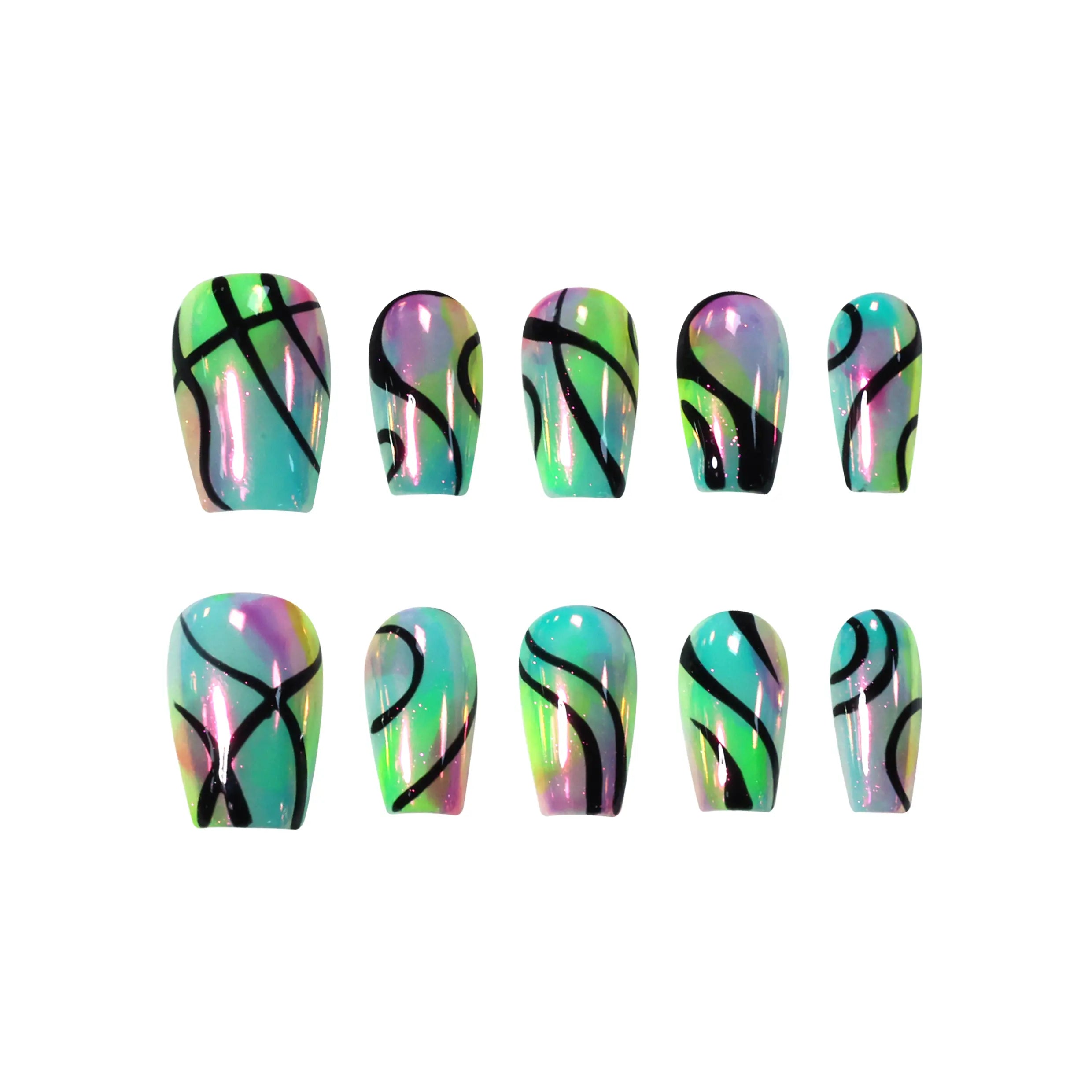 Medium Squoval press on nails with green, teal, and lavender holographic base, black swirl accents, and a summer-ready vibe.