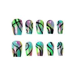 Medium Squoval press on nails with green, teal, and lavender holographic base, black swirl accents, and a summer-ready vibe.