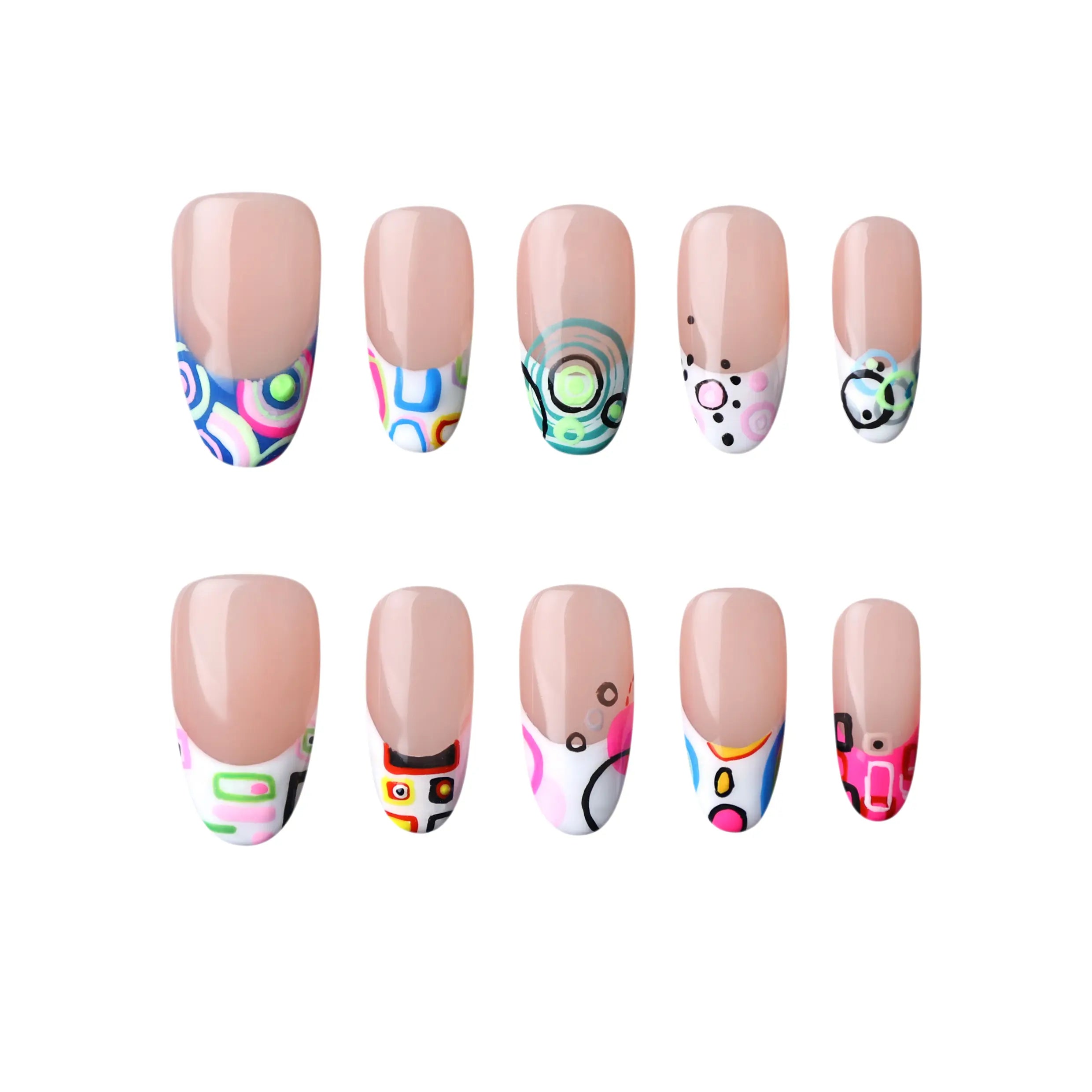 Bright cartoon-style medium oval press on nails with neon galaxy designs.