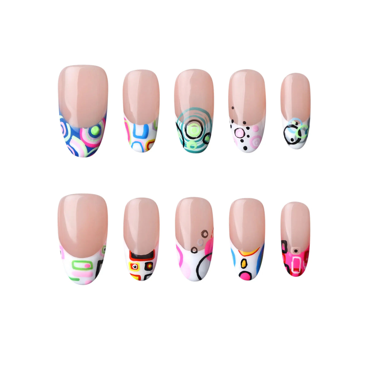 Bright cartoon-style medium oval press on nails with neon galaxy designs.