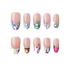 Bright cartoon-style medium oval press on nails with neon galaxy designs.