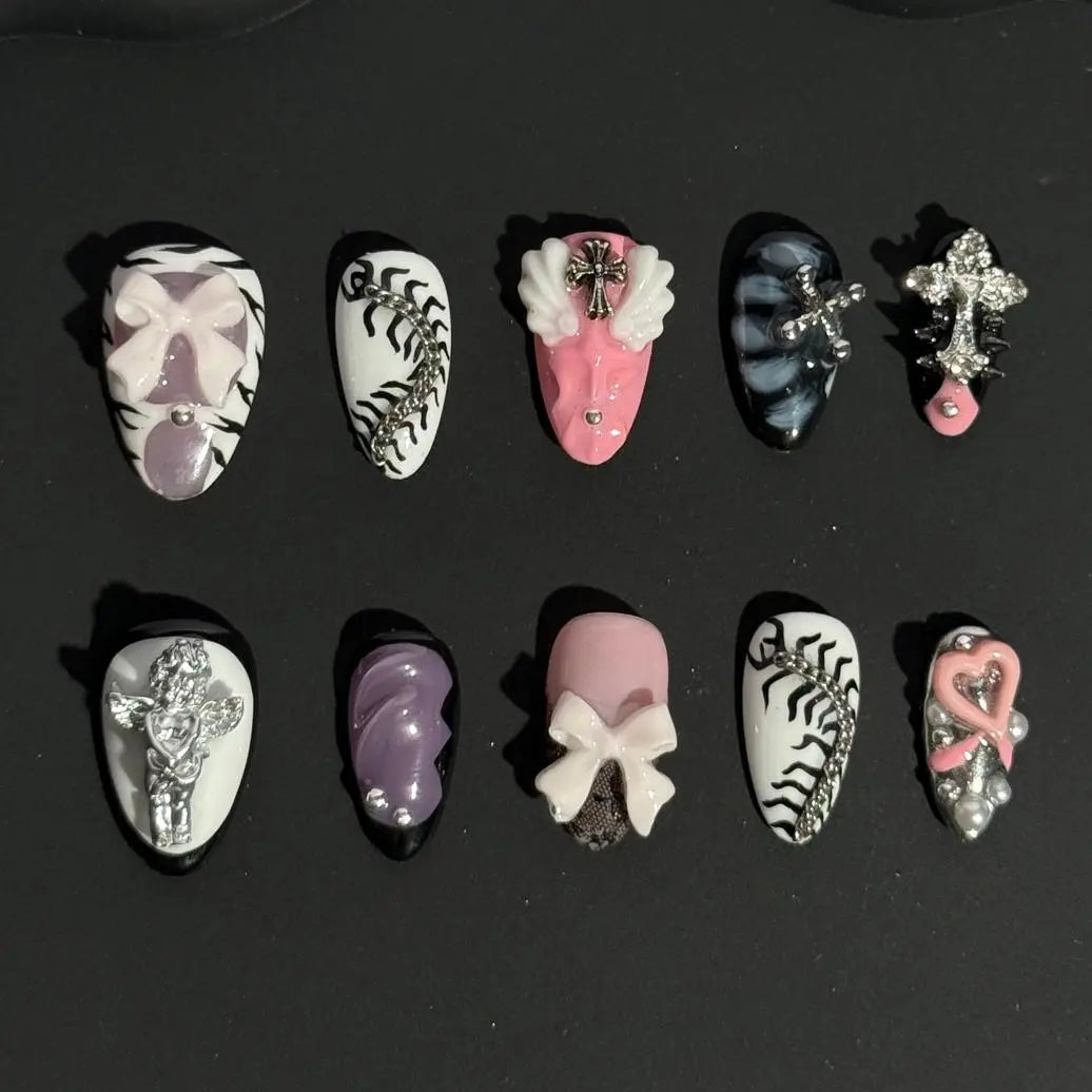 Almond press on nails with 3D bows and rhinestones in matte and glossy finishes.