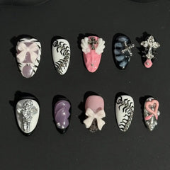 Almond press on nails with 3D bows and rhinestones in matte and glossy finishes.