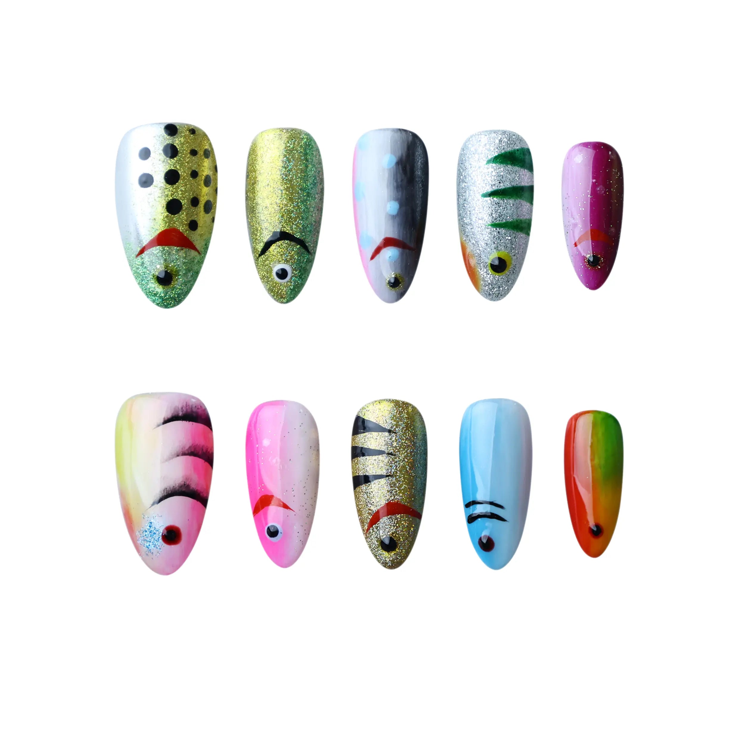 Blue almond summer nails with fish scale texture and metallic ocean-inspired design.
