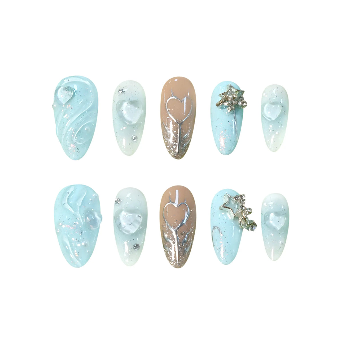 Medium almond-shaped blue press-on nails with ocean-inspired silver accents and 3D heart details.