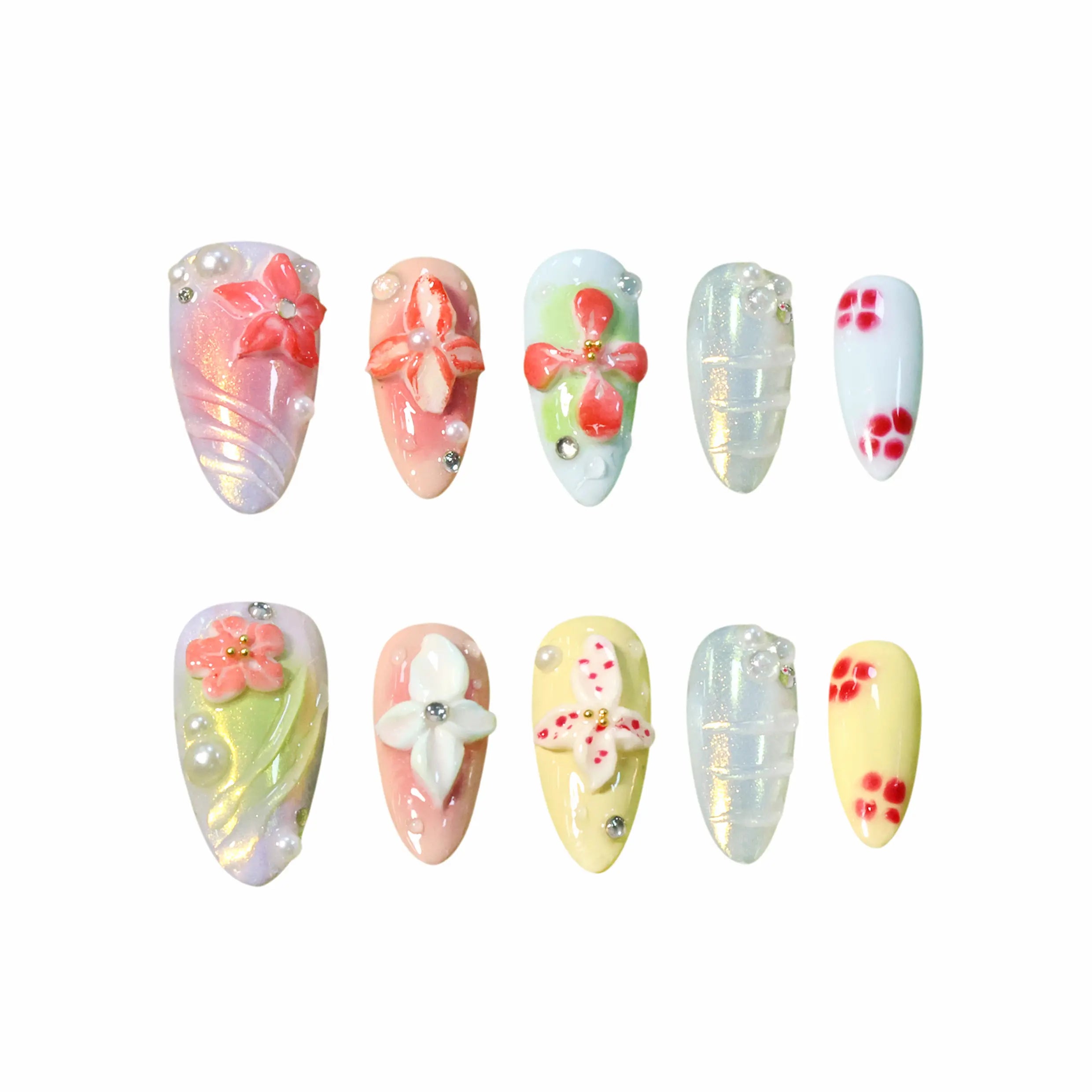 Soft pastel almond-shaped press-on nails with 3D pink flowers and pearl details, ideal for spring or romantic summer looks.