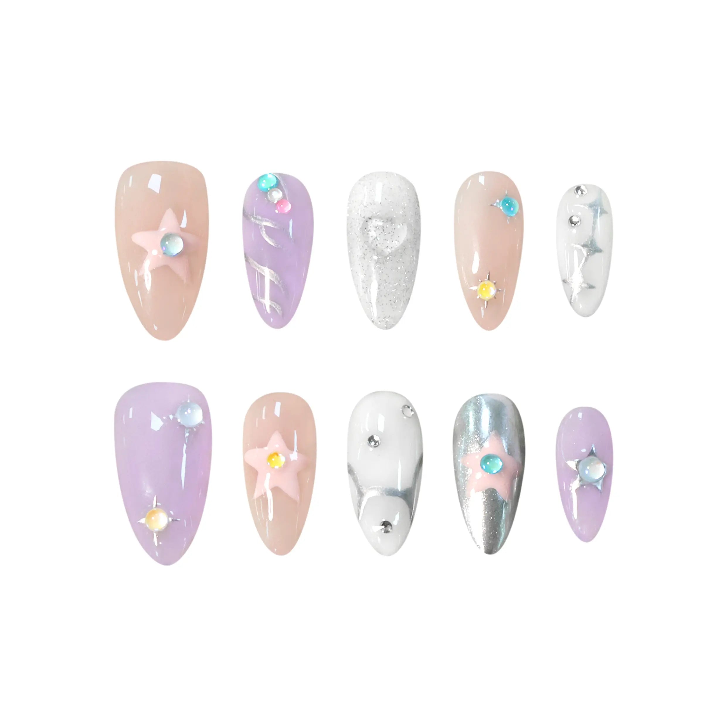 Almond-shaped pink and lilac press on nails with chrome accents, rhinestones, and pastel stars.