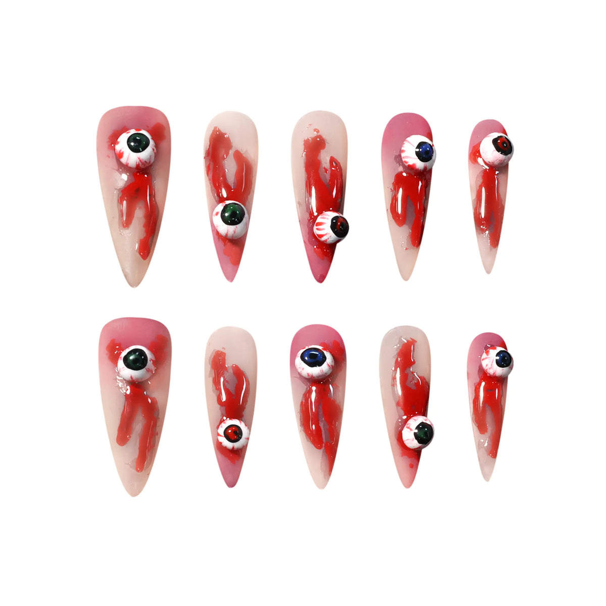 Haunting long black stiletto press-on nails with 3D eyeball and dripping blood designs, perfect for Halloween and horror fashion looks.