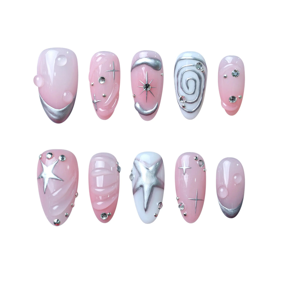 Almond press on nails in pastel pink with abstract swirls, fine-line art, and star accents for a dreamy summer look.